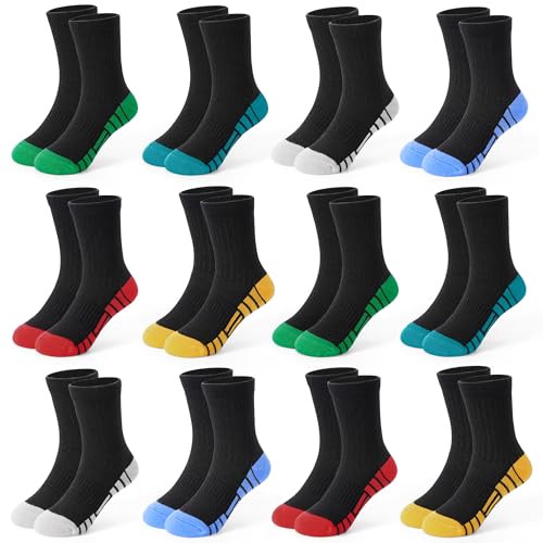 12 Pairs Boys Crew Socks, Athletic Socks for 1-14 Years – Variation: 5-7 Years / #1 Boys Black Socks