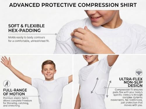 Youth Padded Compression Shirt Rib Protector for Football Baseball Kids White X-Large