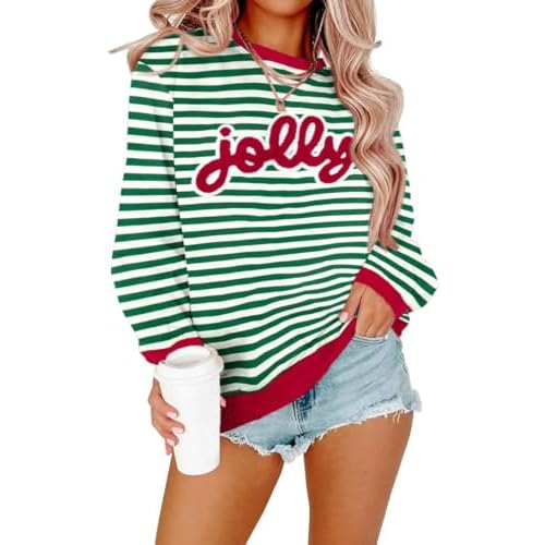 Christmas Sweatshirts For Women Jolly Glitter Patch Crewneck Sweatshirt Xmas Long Sleeve Striped Pullover Top