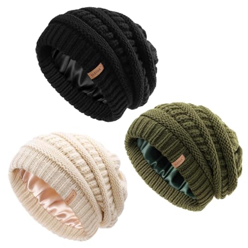 FURTALK Womens Slouchy Winter Beanie Knit Hat Satin Lined 3 Pack - Black, Green, Beige