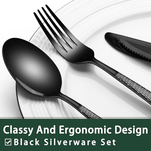 Black Silverware Set for 4 - 24-Piece Flatware Cutlery with Steak Knives - Round Hammered Finish