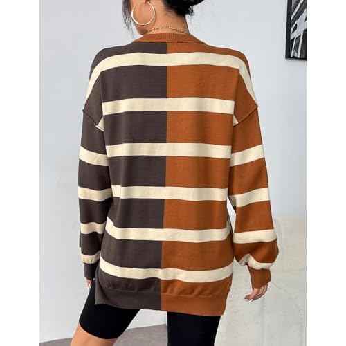 Zeagoo Womens Striped Oversized Sweater 2025 Crew Neck Long Sleeve Knitted Color Block Casual Loose Pullover Top