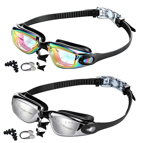 Unisex Swimming Goggles 2 Pack Anti-Fog Wide View No Leakage - BlackSilver & Blackpink
