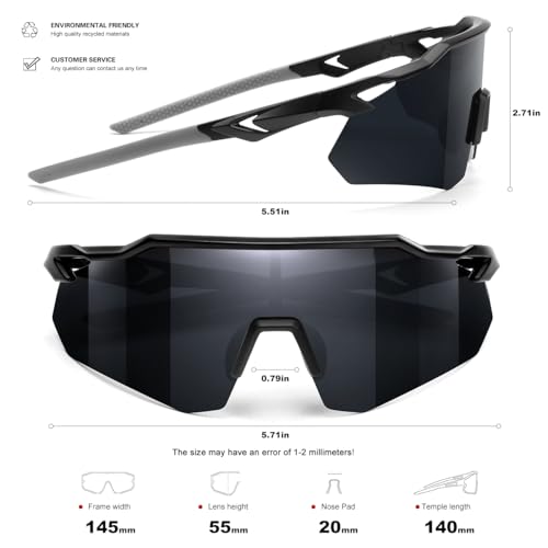 SEKKAF Polarized Sports Sunglasses for Men Women Black UV Protection Lightweight Running Cycling