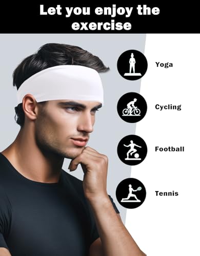White 6 Pack Sports Headbands for Men & Women, Sweat-Wicking Workout Hairbands