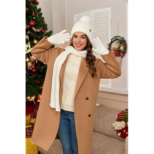 Womens Winter Warm Beanie Hat Long Scarf Touchscreen Gloves Set with Fleece Lined Skull Pom Caps 3 in 1 Set for Gift