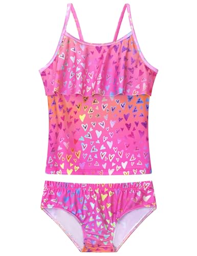 Kids Girls Tankini Swimsuit UPF50+ Ruffle 2-Piece Bathing Suit for Ages 2-14, Pink Yellow, 7-8 Years