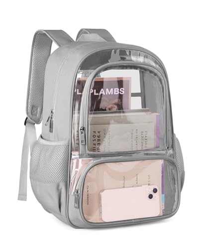 Large Grey Clear Backpack with Reinforced PVC & Fabric, Laptop & Travel Bag