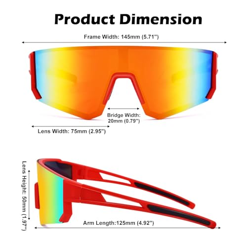 Sports Sunglasses for Men Women Running Baseball Cycling UV400 Red Mirror 75mm