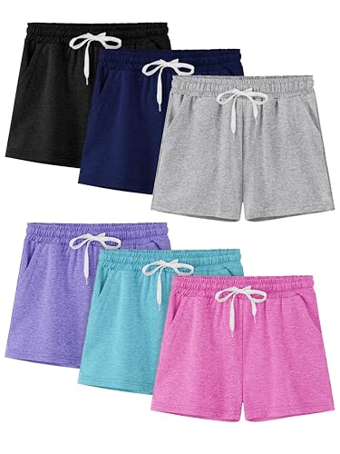 Girls' Dry-Fit Running Shorts Pack of 6 - Active Summer Sports Shorts with Drawstring & Pockets, 12-14 Years, Black & Color Variants