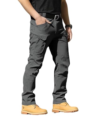 Men's Cargo Tactical Pants Work Hiking Trousers Waterproof Lightweight Elastic Waist - Dark Grey Medium