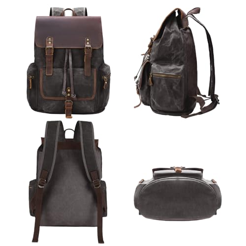 Dark Grey Vintage Waxed Canvas Backpack with Leather Accents