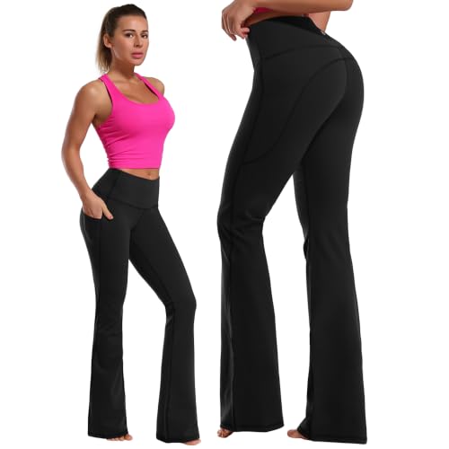 Women High Waist Bootcut Yoga Pants with Pockets - Tummy Control, 35" Inseam, Black