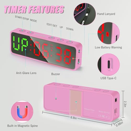 Gym Timer Clock Stopwatch with Magnetic Base - Pink Large LED Digital Display, Home & Gym Use - Matte Pink