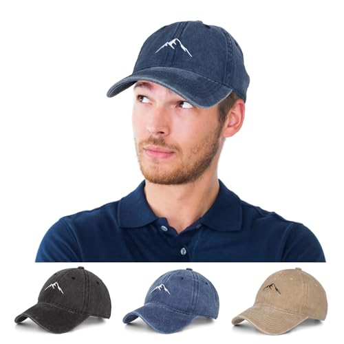 Washed Cotton Vintage Smile Mountain Baseball Cap Sun Hat - Adjustable One Size Black Navy Khaki