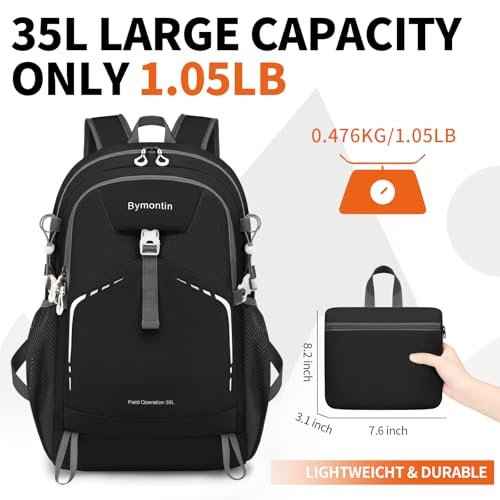 35L Lightweight Packable Backpack ? Durable Foldable Daypack for Travel, Hiking, and Gym (Black)