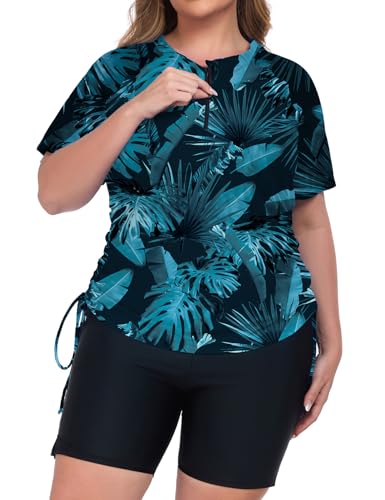 Plus Size Women's Rash Guard Swimsuit Set - Built-in Bra, 2 Piece