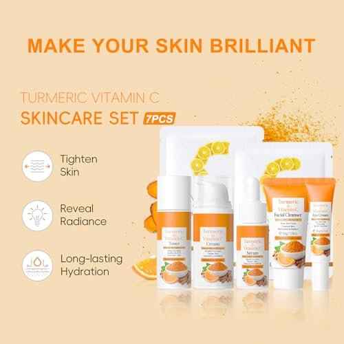 7PCS Turmeric Skin Care Set, Facial Skin Care Products Even Skin Tone, Turmeric Face Wash, Toner, Serum, Eye Cream, Face Cream, Face Mask, Smooth Glowing Travel Skincare Set for Women Girls