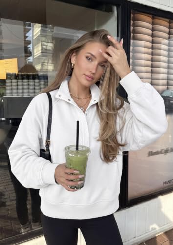 Women's Oversized Fall Sweatshirt with Mock Neck and Henley Pullover - Medium White
