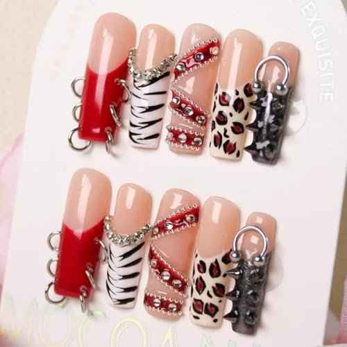 100% 5D Handmade Press on Nails with Charms Long Square Nails Press ons- Red French Tips False Nails Rhinestone Brown Leopard Fall Press on Nails for Women Girls Daily Wear DIY Manicure Size M