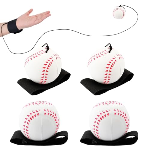 Baseball Wrist Return Balls 4 Pack - 2.36 Inch Rebound Sport Balls with Elastic Strap for Kids & Adults - Baseball Variation