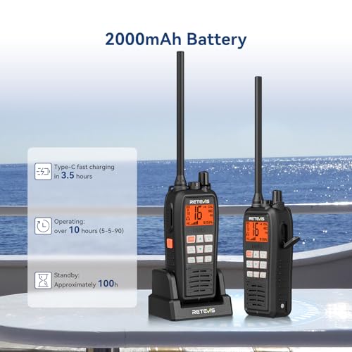 Retevis RM15 Marine Radio 6W,IP68 Floating VHF Radio Handheld,Built-in Noise Cancelling Mic,2000mAh,Type-C,Rust-Proof Charging,NOAA,Falling Water Flash Alarm,Boat Radio for Coastal Sailing(1 Pack)