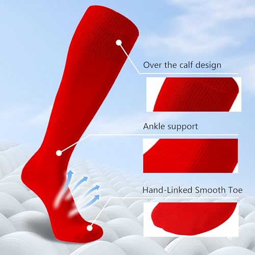Unisex Soccer Knee-High Sports Socks - Solid Team Football Socks, Medium, Red, 2 Pairs
