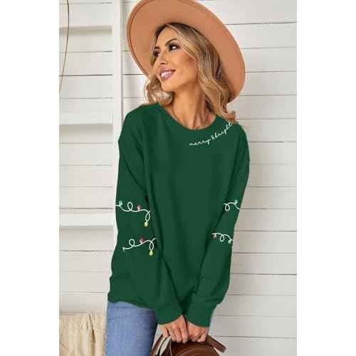 Christmas Sweatshirt for Women Christmas Light Sweatshirts Merry And Bright Xmas Long Sleeve Shirts Crewneck Pullover Tops
