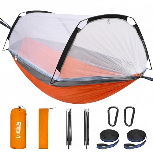 Orange & Grey Camping Hammock with Mosquito Net, 500lbs Capacity, Portable Double/Single