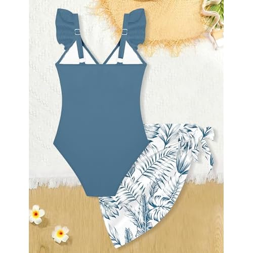 Girls One Piece Swimsuit Cut Out Ruffle Bathing Suit Twist V Neck Swimwear Solid Color with Cover Up Skirt 7-18T