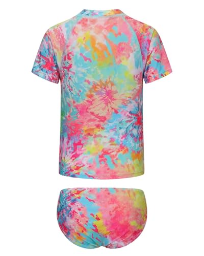 Girls Two Piece Rash Guard Swimsuit Set Short Sleeve Bathing Suit for Kids 8-10 Years Blossom Tie Dye