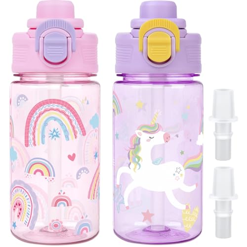 Kids Water Bottle with Bite & Sip Straw - Rainbow Unicorn Set - Pink & Purple