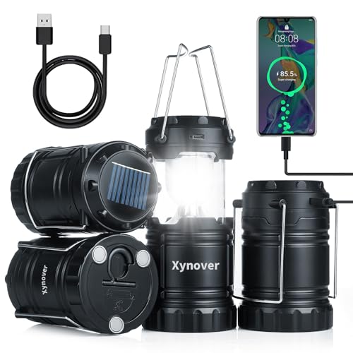 4 Pack 3-in-1 Solar Rechargeable Camping Lanterns with Power Bank, Magnetic Base, Hanging Hook, Collapsible Waterproof LED Lights