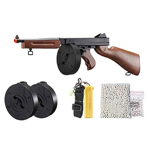 Airsoft Tommy Thompson Submachine Gun WW2 Chicago Typewriter Full Auto Electric SMG AEG with Extra Drum Magazines, Battery and Charger