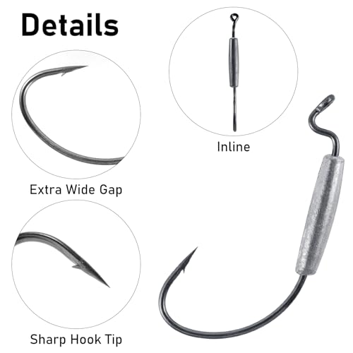 15 Pack Weighted Worm Hooks - 1/16oz Extra Wide Gap Fishing Hooks for Bass, Texas & Carolina Rig