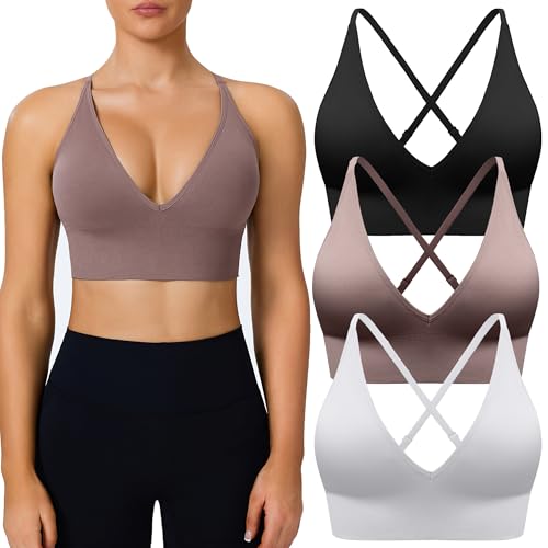 Women's Deep V Neck Sports Bras 3-Pack - Adjustable Straps & Criss Cross Back - Large, Black White Brown