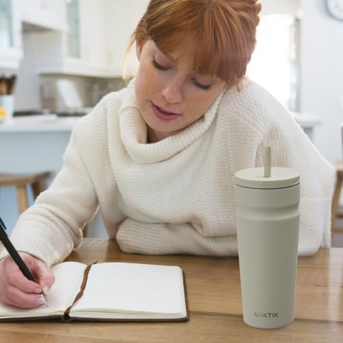 Insulated Travel Tumbler 24oz with Lid & Straw - Almond Birch, Double Wall Stainless Steel