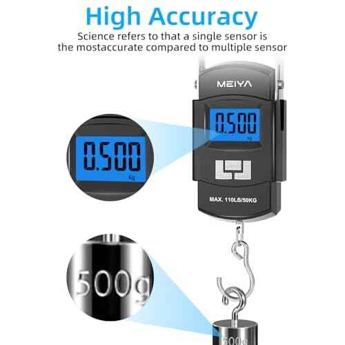MEIYA Fish Scale 110lb/50kg Digital Fishing Scale with Backlit LCD, Portable Handle, Stainless Steel Hook & 2 AAA Batteries ? Reliable Fishing Gear & Great Fishing Gifts for Men