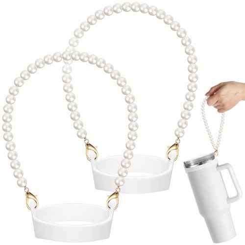 2 Pcs Silicone Water Bottle Handle Holder with Pearl Strap Compatible with Stanley Cup Accessories Sling Water Bottle Carrier Holde Fits Most 8-40 oz Tumbler Gift for Woman