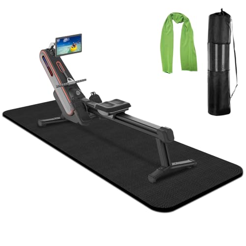 96 x 30 Inch Exercise Equipment Floor Mat for Rowing Treadmill & Bike - Durable Rubber, Vibration Absorbing, with Storage Bag and Towel