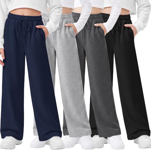 Girls Wide Leg Sweatpants with Pockets & Drawstring - 4 Pack, Large / Navy, Gray, Black