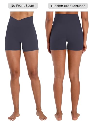 Sunzel Women's High Waisted Crossover Biker Shorts - 4 Inch Inseam, Large, Ash Blue