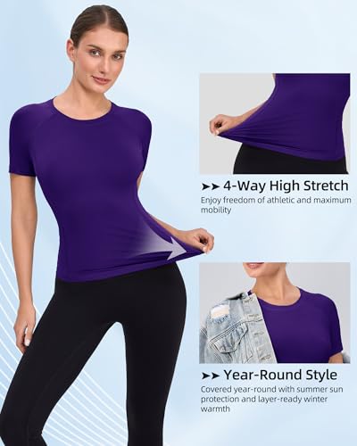 Women's Compression Shirt Short Sleeve Workout Top - Purple, Large - Athletic Baselayer for Running Yoga Gym