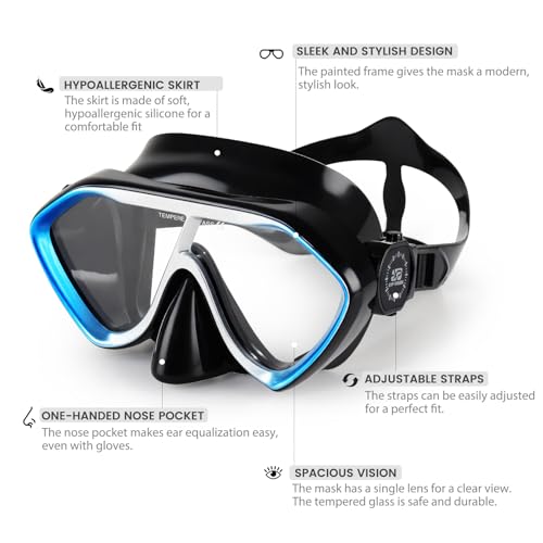 EXP VISION Scuba Diving Mask for Adults - Glacier Blue Anti-Fog Leak-Proof Snorkeling Mask with Soft Nose Cover