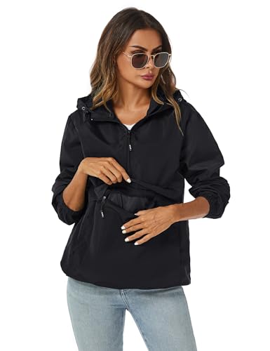 Women's Waterproof Windbreaker Rain Jacket with Hood - Black, Large