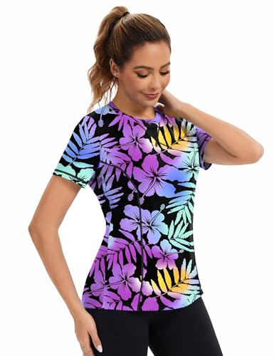 Avoogue Women's Short Sleeve Workout Top UPF50+ Sun Shirt - Large / Colorful Leaves