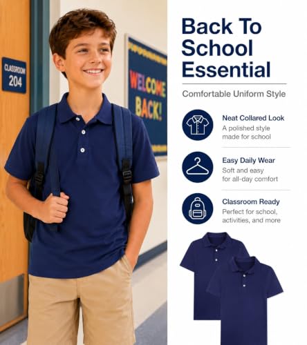 10 Years Navy Performance Polo Shirts for Boys - Pack of 2 School Uniforms