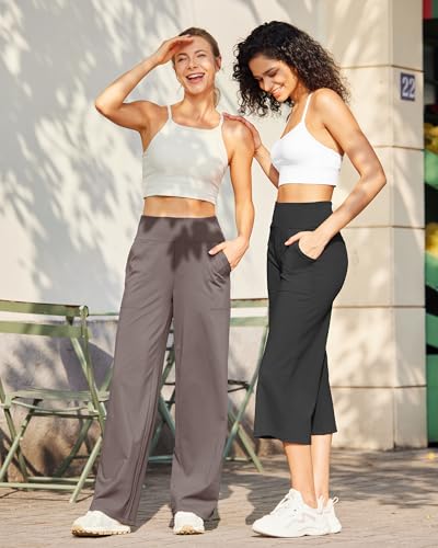 G4Free Wide Leg Yoga Capris for Women with Pockets - Casual Crop Pants Medium Black