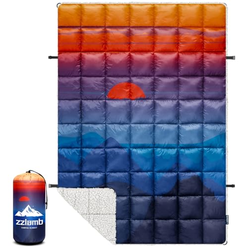 Outdoor Camping Blanket with Sherpa Lining - Blue Mountain Sun Variation 52x75in