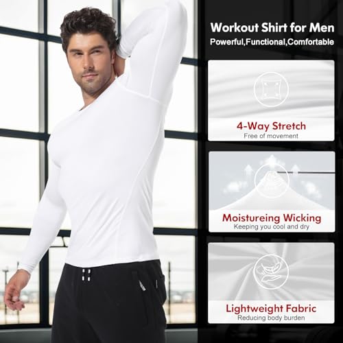 Men's Compression Rash Guard Shirts 4 Pack Long & Short Sleeve Workout Tops - Black & White